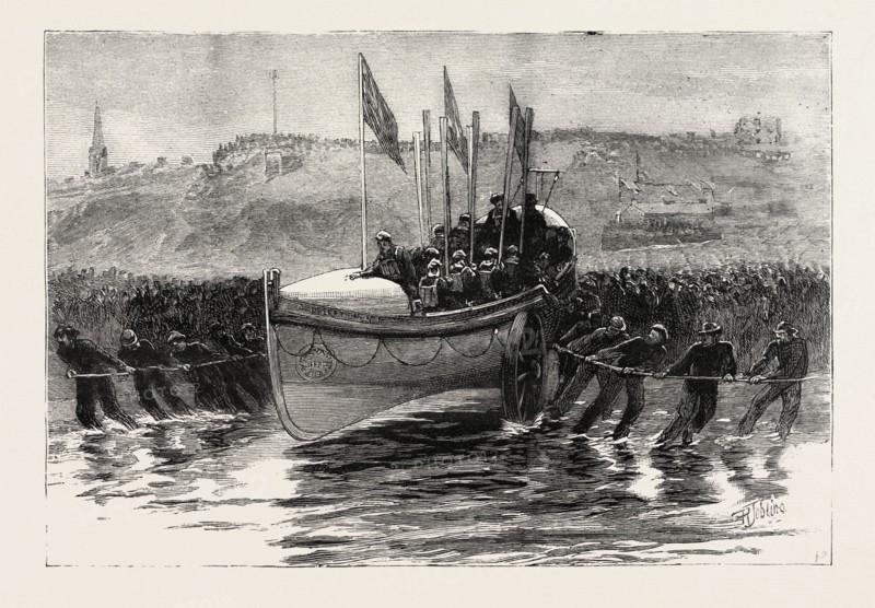 THE LAUNCH OF A NEW LIFEBOAT AT CULLERCOATS  NORTHUMBERLAND, ENGRAVING 1884, UK, britain, british, europe, united kingdom, great britain, european