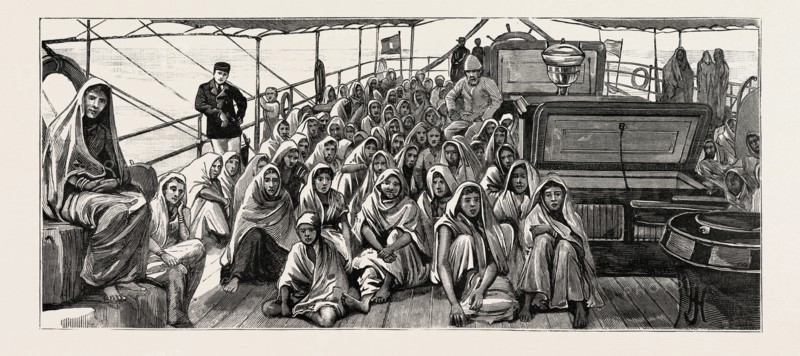 LANDED AT DEMERARA, Guyana, SOUTH AMERICA, EAST INDIAN IMMIGRANTS, ENGRAVING 1884