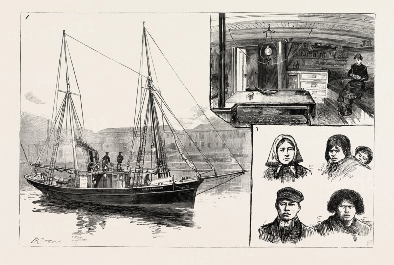 THE MISSION SHIP OF THE SOUTH AMERICAN MISSIONARY SOCIETY, I. The Allen Gardiner 2. The Cabin 3. Natives of Tierra del Fuego Civilised and Uncivilised, ENGRAVING 1884