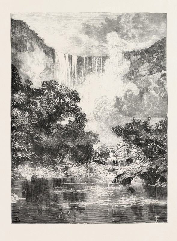 THE KAIETEUR FALLS, BRITISH GUIANA, ENGRAVING 1884, a high-volume waterfall on the Potaro River in central Guyana, Potaro-Siparuni region. It is located in Kaieteur National Park.