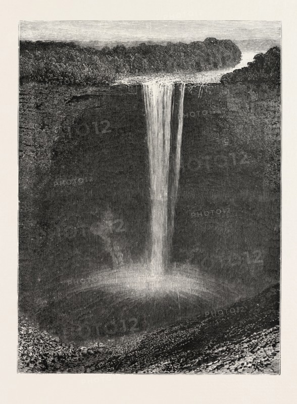 THE KAIETEUR FALLS, BRITISH GUIANA, ENGRAVING 1884, a high-volume waterfall on the Potaro River in central Guyana, Potaro-Siparuni region. It is located in Kaieteur National Park.