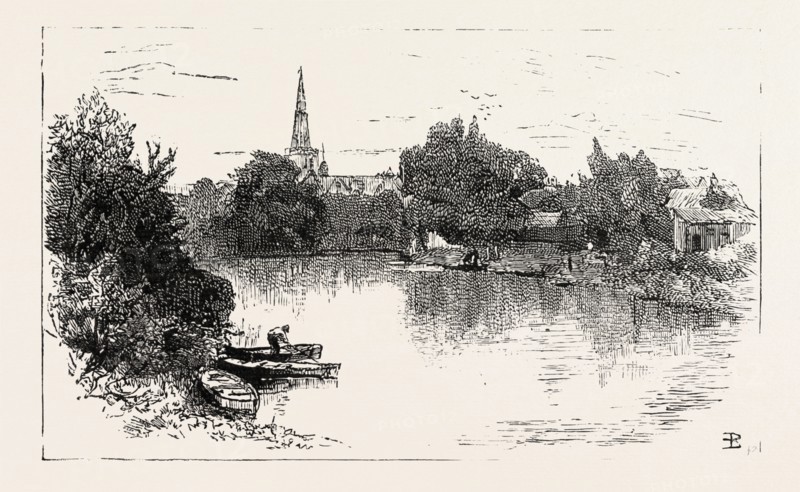 VIEW FROM THE NEW BRIDGE OVER THE OUSE AT BEDFORD, ENGRAVING 1884, UK, britain, british, europe, united kingdom, great britain, european