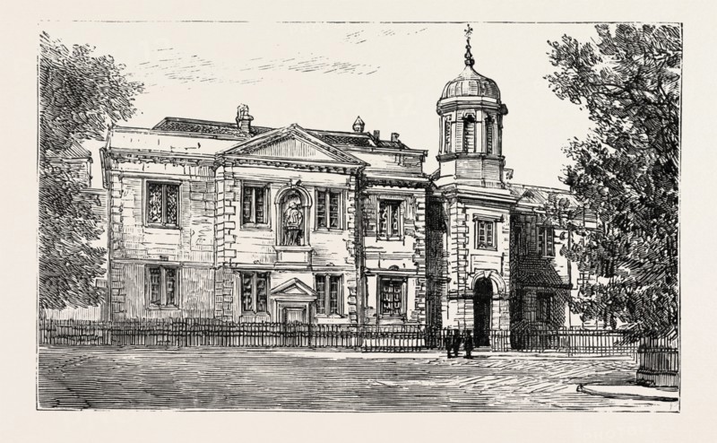 THE BEDFORD GRAMMAR SCHOOL BEDFORD, ENGRAVING 1884, UK, britain, british, europe, united kingdom, great britain, european