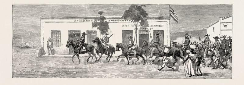 FREE STATE BURGHERS GOING TO THE FRONT BARALONG ORANGE FREE STATE SOUTH AFICA BEDFORD, ENGRAVING 1884