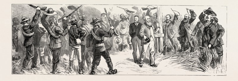 PRESIDENT BRAND HOISTING THE FREE STATE FLAG AT THABANCHU BARALONG ORANGE FREE STATE SOUTH AFRICA BEDFORD, ENGRAVING 1884