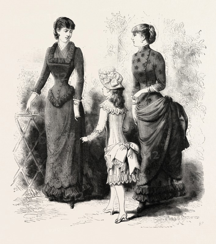 SUMMER COSTUMES, FASHION, ENGRAVING 1884, UK, britain, british, europe, united kingdom, great britain, european