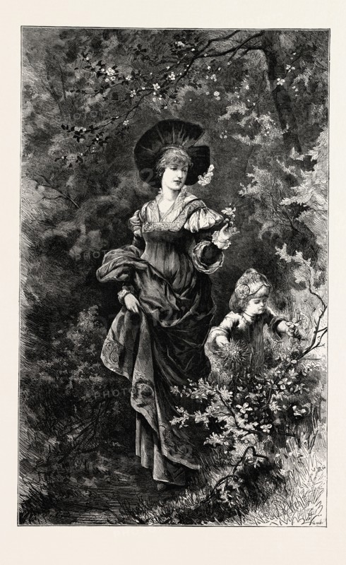 Mother and child on a walk, ENGRAVING 1882