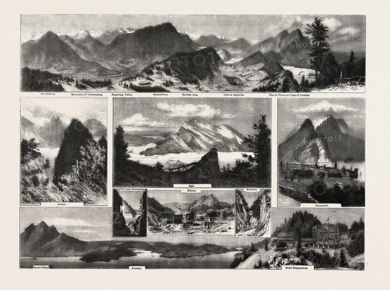 switzerland, buochshorn, unterwalden, engelberg, stanzerhorn, bernese alps, alpnacht, mount pilate, lake of lucerne, gersau, rigi, meierei, rotzloch, stanzstadt, hotel burgenstock, ENGRAVING 1882