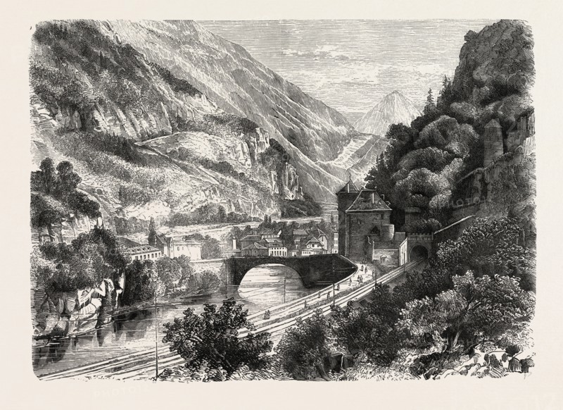 MAURICE IN THE VALAIS, SWITZERLAND, ENGRAVING 1882