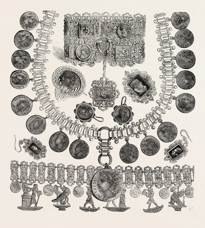 Necklet, Bracelets, Earrings, Brooches Oxidized Silver and Bright Silver in Antique Egyptian, Greek, and Roman Styles, Fancy jewellery, engraving 1882