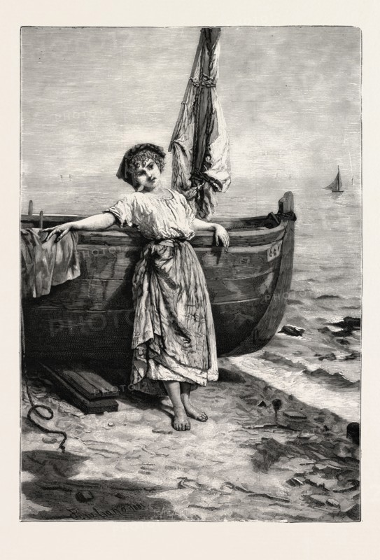 ON THE MEDITERRANEAN, engraving 1882, boat, girl, sea