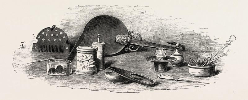 Ancient Roman Toilet Articles from Pompeii, engraving 1882