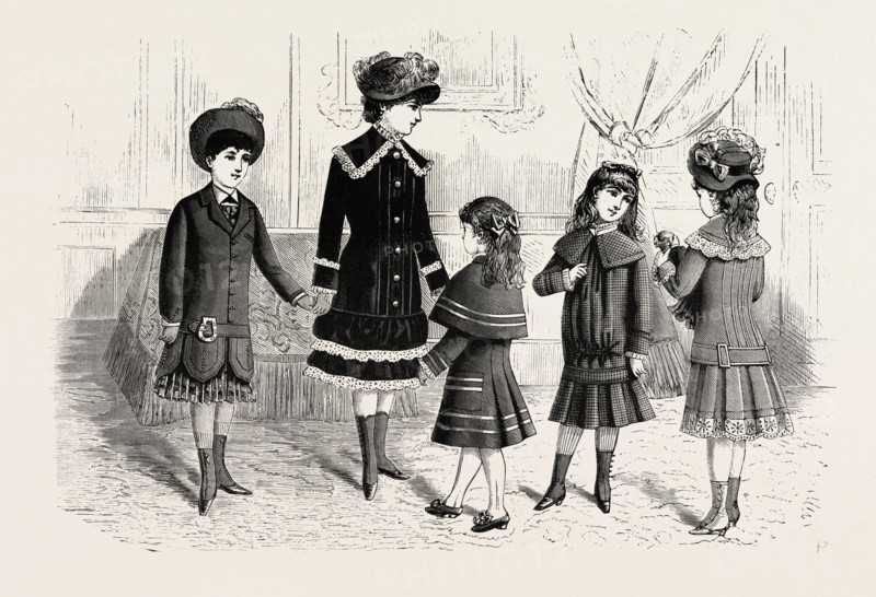 CHILDREN'S WINTER COSTUMES,  FASHION, ENGRAVING 1882