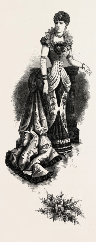 EVENING TOILETTES FOR DINNERS AND BALLS,  FASHION, ENGRAVING 1882