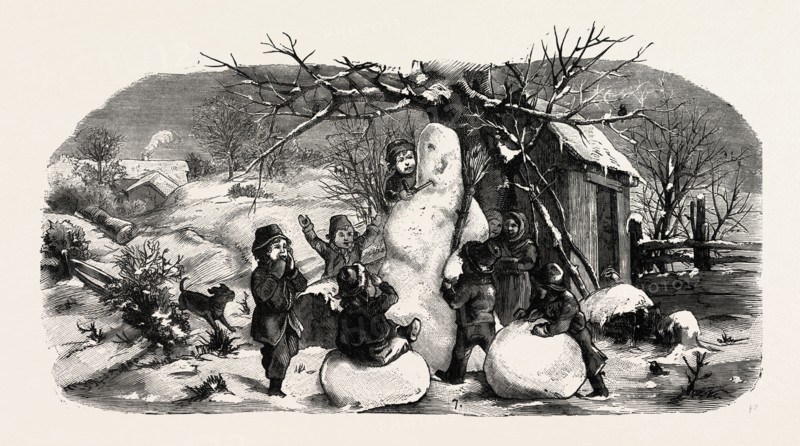 Building up a Snow Man, ENGRAVING 1882