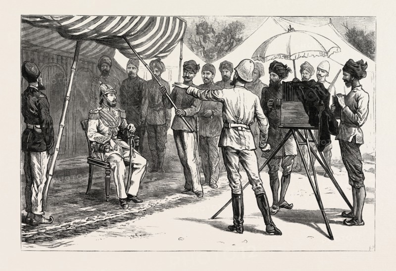 MR. BURKE POSING THE AMEER, THE AMEER YAKOOB KHAN AT GANDAMAK, AFGHAN WAR, engraving 1882