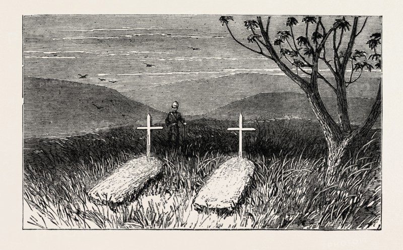 GRAVES OF LIEUT. SCOTT DOUGLAS AND CORPORAL COTTER AT KWAMAGAZA, ZULU WAR, ENGRAVING 1879