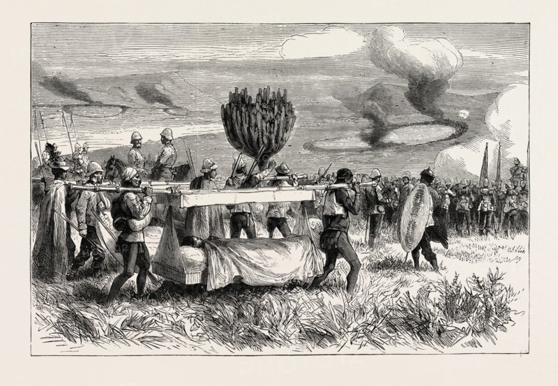 AFTER ULUNDI BEARING AWAY THE WOUNDED, ZULU WAR, ENGRAVING 1879