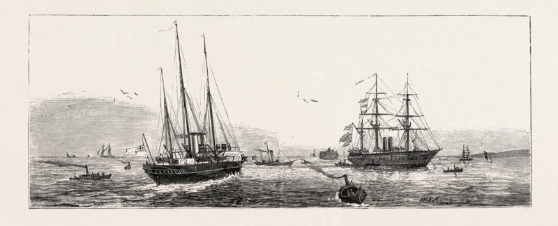 HM.S.  Enchantress  H.M.S.  Fire Queen Admiralty Yacht H.M.S Orontes answering Signals from the Flag Ship, ENGRAVING 1879, FUNERAL OF THE LATE PRINCE LOUIS NAPOLEON