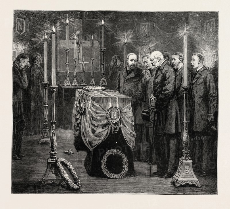 THE ROYAL PARTY IN THE MORTUARY CHAPEL AT WOOLWICH, FUNERAL OF THE LATE PRINCE LOUIS NAPOLEON, ENGRAVING 1879