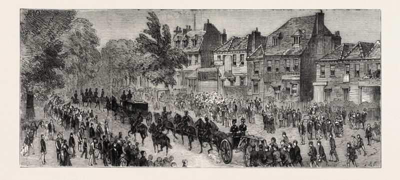 ARRIVAL OF THE PROCESSION AT CHISLEHURST, u.k., THE FUNERAL OF PRINCE LOUIS NAPOLEON, ENGRAVING 1879