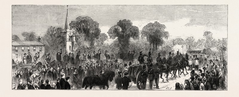 THE PROCESSION ON THE ROAD TO ST. MARY'S CHURCH, THE FUNERAL OF PRINCE LOUIS NAPOLEON, ENGRAVING 1879