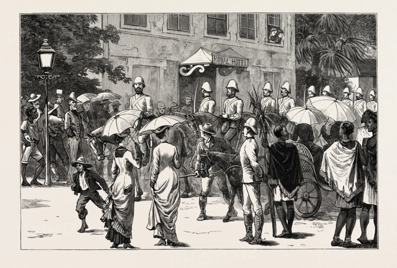 THE ZULU WAR THE KING'S DRAGOON GUARDS ENTERING PIETERMARITZBURG, the capital and second largest city in the province of KwaZulu-Natal, South Africa, ENGRAVING 1879