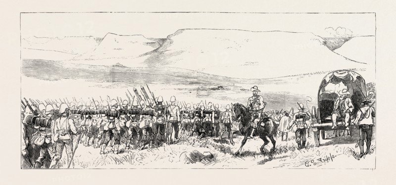 ARRIVAL OF GENERAL WOOD'S COLUMN AT UPOKO RIVER, THE ZULU WAR, ENGRAVING 1879