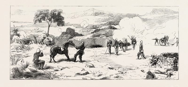 SHELLING ZULU KRAALS, UPOKO RIVER, THE ZULU WAR, ENGRAVING 1879