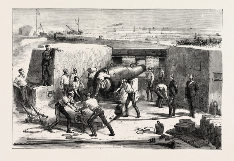 MEETING OF THE NATIONAL ARTILLERY ASSOCIATION AT SHOEBURYNESS COMPETITION WITH THE TEN-INCH MUZZLE-LOADING GUN, THE ZULU WAR, ENGRAVING 1879