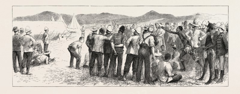 THROWING THE ASSEGAT, THE ZULU WAR, ENGRAVING 1879