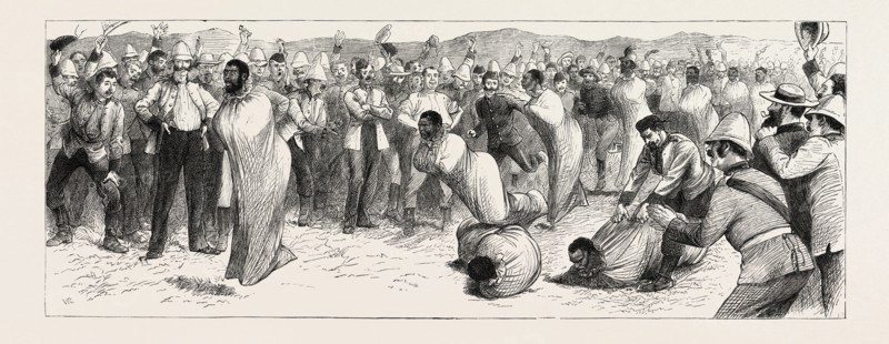 SACK RACE, THE ZULU WAR, ENGRAVING 1879