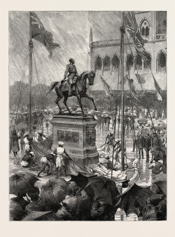 UNVEILING A STATUE OF THE PRINCE OF WALES PRESENTED TO THE CITY OF BOMBAY BY SIR ALBERT SASSOON, C.S.T., INDIA, ENGRAVING 1879