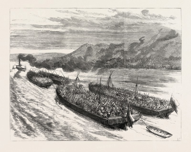 THE LAST OF THE RUSSIANS IN EASTERN ROUMELIA RUSSIAN TROOPS PASSING DOWN THE DANUBE, NEAR GALATZ, ENGRAVING 1879