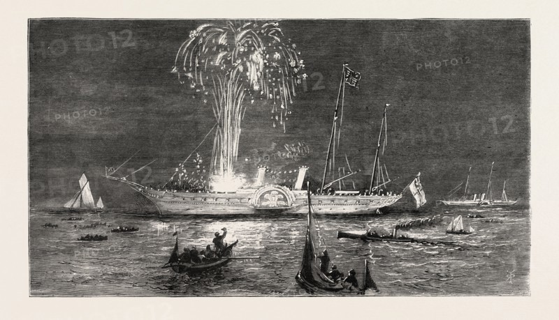 THE ROYAL YACHT SQUADRON REGATTA AT COWES  THE PRINCE OF WALES'S YACHT  OSBORNE  ILLUMINATED, ENGRAVING 1879