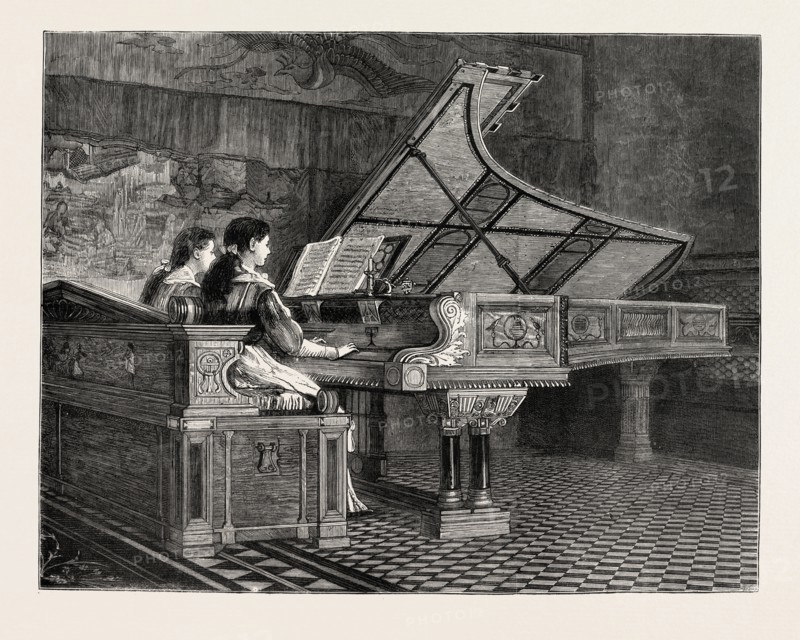 AN ARTIST'S PIANOFORTE, ENGRAVING 1879, PIANO, MUSIC, PLAYING