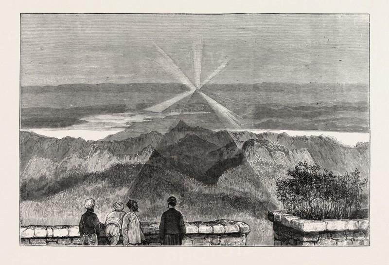 SHADOW OF THE MOUNTAIN AS SEEN AT SUNRISE, ADAM'S PEAK, CEYLON, SRI LANKA, ENGRAVING 1879
