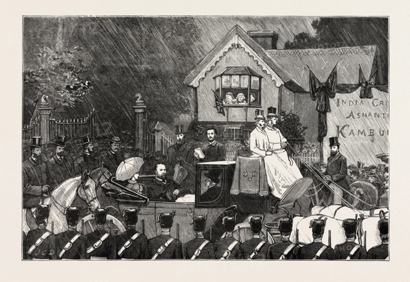 GENERAL SIR F WOOD'S WELCOME HOME AT BELHUS, ESSEX, READING THE ADDRESS AT THE PARK GATES, ENGRAVING 1879, UK, britain, british, europe, united kingdom, great britain, european