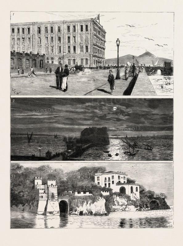 THE EX KHEDIVE OF EGYPT AT NAPLES, ITALY, ENGRAVING 1879, 1, Royal Hotel des Etrangers, Temporary Residence of Ismail Pasha and his Sons. 2. The Bay of Naples, from Ismail Pasha's Apartments.-3. The Villa Maraval Roccabella, Residence of the Ladies of the Ex-Khedive's Family