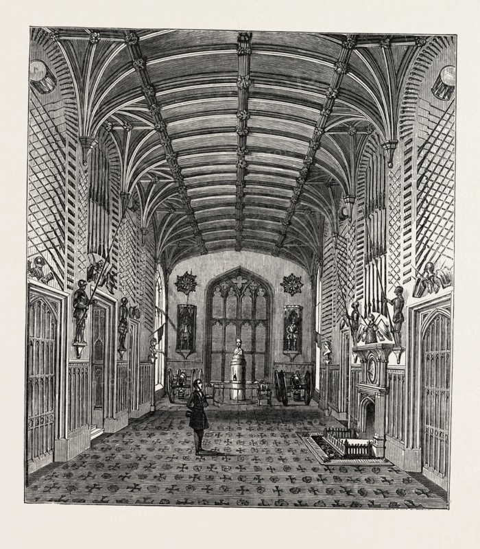 WINDSOR CASTLE: THE GUARD CHAMBER, UK, 1851 engraving