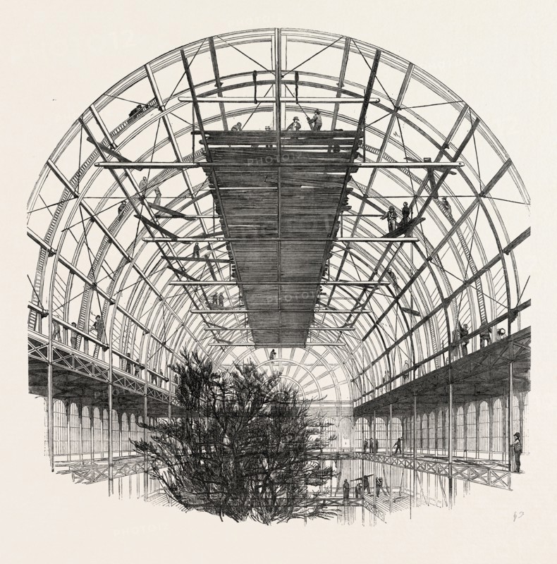 THE GREAT EXHIBITION BUILDING, THE CRYSTAL PALACE: VIEW SHOWING THE RIBS OF THE TRANSEPT, LONDON, UK, 1851 engraving