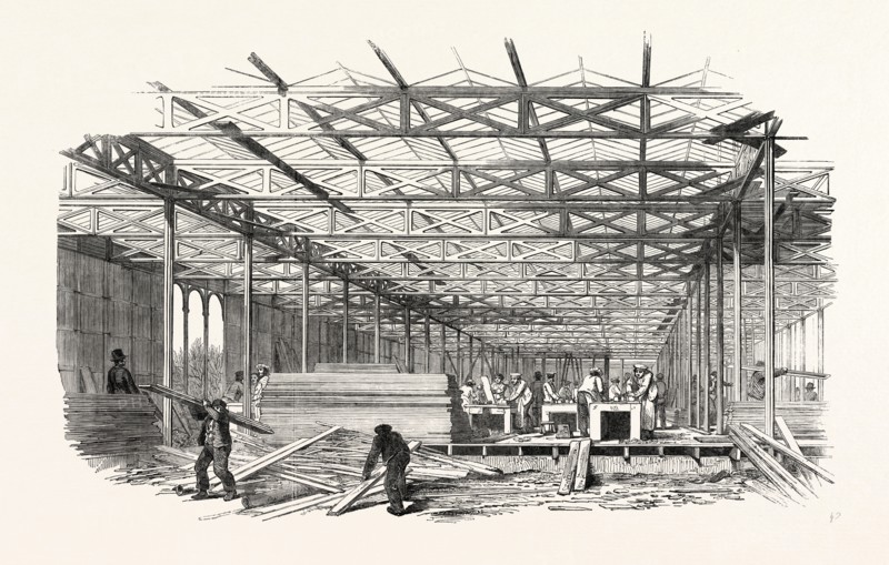 THE GREAT EXHIBITION: THE BUILDING OF THE CRYSTAL PALACE, THE SOUTH AISLE LOOKING WEST, LONDON, UK, 1851 engraving