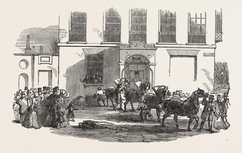 SINGULAR ACCIDENT IN HUNTER STREET, BRUNSWICK SQUARE, LONDON, UK. A Hansom cab was proceeding through Judd Street, when the horse, taking fright at the monster organ, started off at a rapid rate, and on reaching the last house on the left-hand in Hunter Street, bolted upon the pavement, and throwing down the iron railings, fell into the area with the cab upon him, 1851 engraving