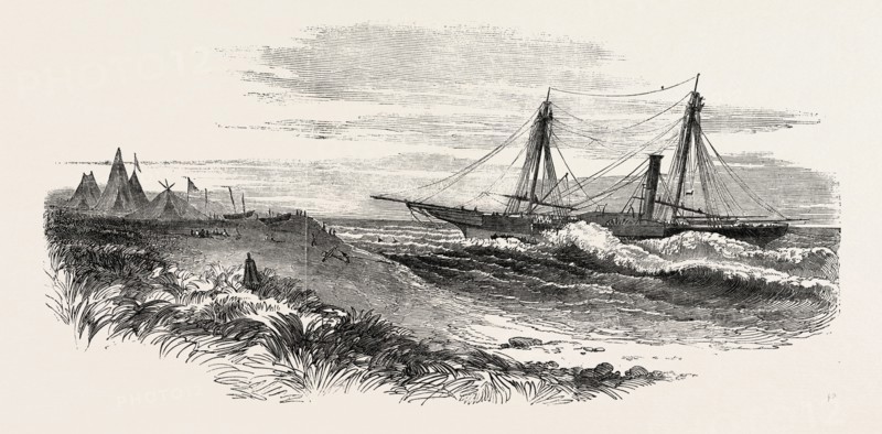 H.M. STEAM VESSEL FLAMER ON A REEF SOUTH EAST OF MONROVIA, LIBERIA, 1851 engraving