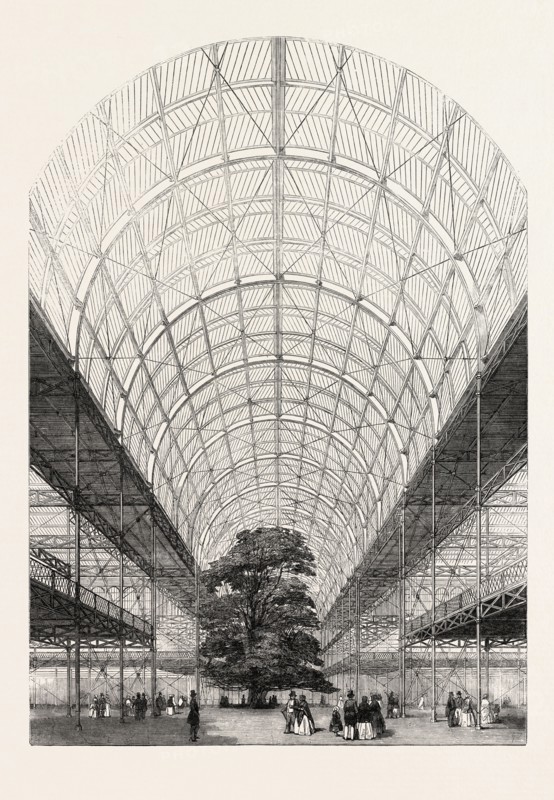THE GREAT EXHIBITION, INTERIOR OF THE TRANSEPT OF THE CRYSTAL PALACE, LONDON, UK. VIEW LOOKING NORTH, 1851 engraving