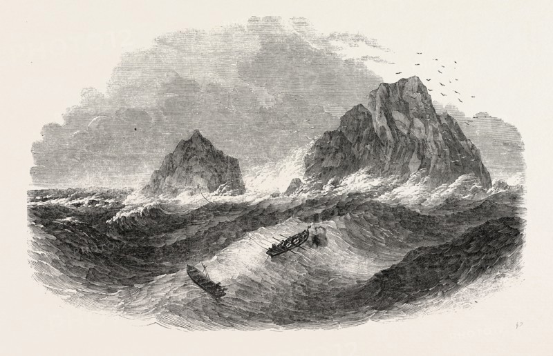 WRECK OF THE NEW COMMERCIAL BRIG, ON THE BRISSON ROCKS, ON THE COAST OF CORNWALL, UK. THE RESCUE, 1851 engraving