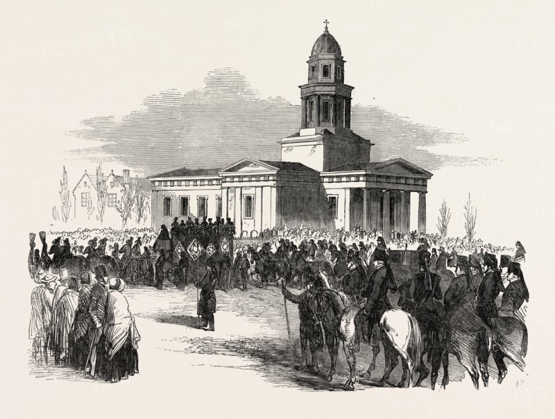 FUNERAL OF THE LATE DUKE OF NEWCASTLE, AT MARKHAM-CLINTON, UK, 1851 engraving