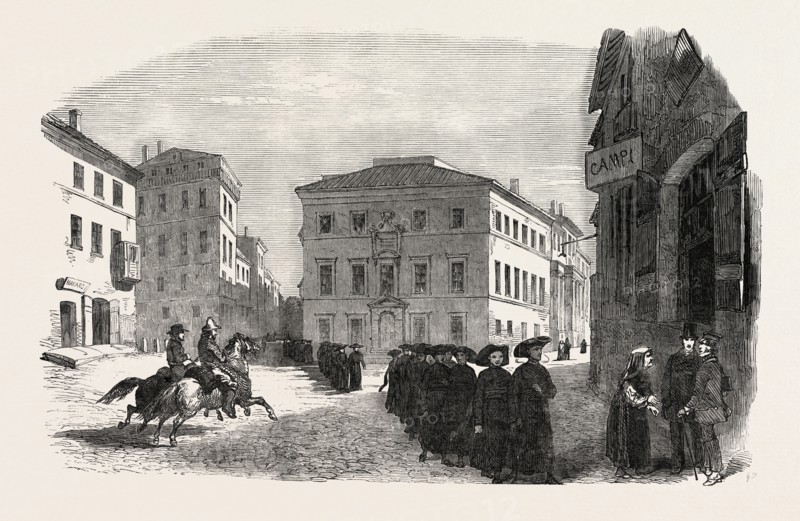 COLLEGE OF THE PROPAGANDA AT ROME, SKETCHED FROM THE PIAZZA DI SPAGNA, ITALY, 1851 engraving