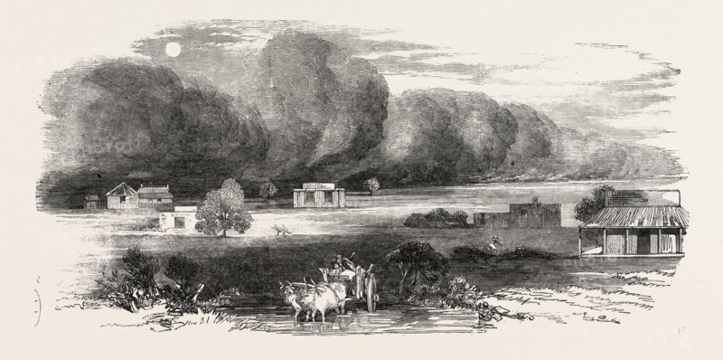 DUST STORM IN THE PUNJAB, INDIA. TERRIFIC STORMS OF WIND AND DUST FREQUENTLY RAGE DURING THE HOT SEASON, 1851 engraving