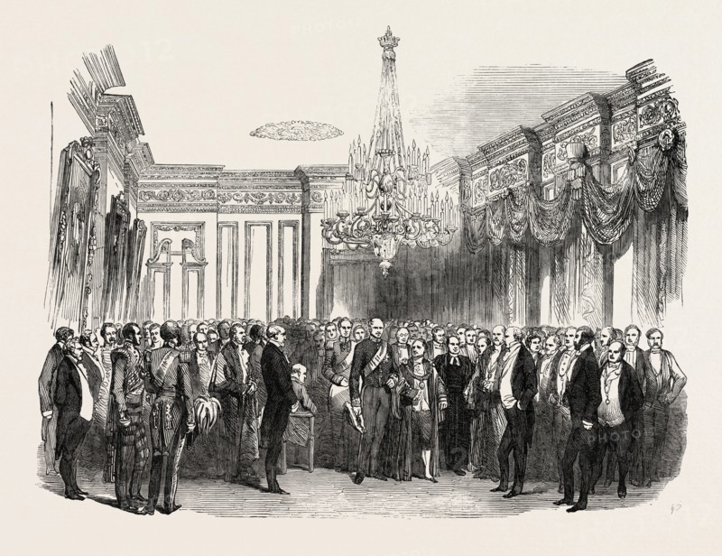 THE OAK DINING ROOM: THE EARL OF CLARENDON AND THE LORD MAYOR OF DUBLIN, IRELAND, 1851 engraving
